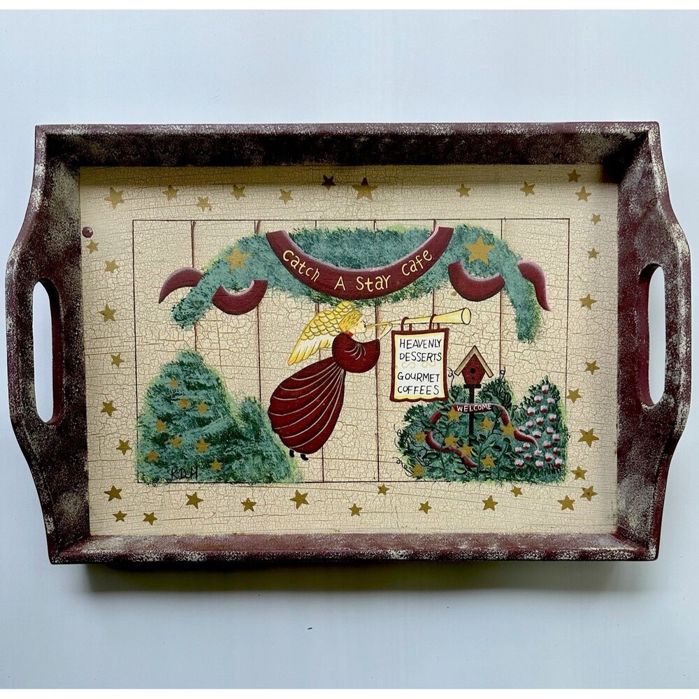 Primitive Folk Art Wooden Tray Angel Catch A Star Cafe Signed KDH 16x11 Country